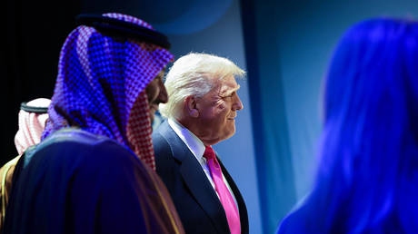 US President Donald Trump and Crown Prince Mohammed bin Salman of Saudi Arabia arrive at the US-Saudi Investment Forum on November 19, 2025 in Washington, DC.