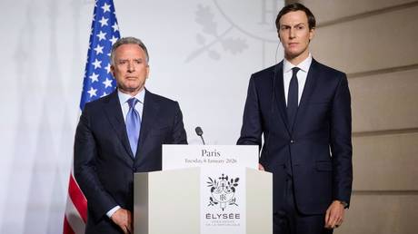 Steve Witkoff US Special Envoy and Jared Kushner attend a Press Conference during the 'Coalition Of The Willing' meeting at Elysee Palace on January 6, 2026 in Paris, France.