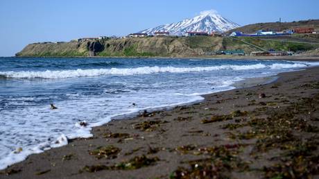 FILE PHOTO: Residential buildings and Bogdan Khmelnitsky volcano on Russia's Iturup island.