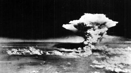 An aerial photograph of Hiroshima, Japan, shortly after the 'Little Boy' atomic bomb was dropped on August 6, 1945.
