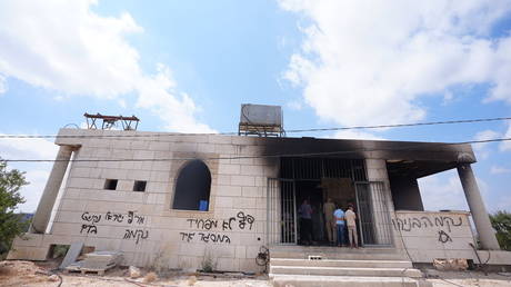 Unfinished mosque in the aftermath of an arson attack in the village of Qusra near Nablus in the West Bank, Palestine, on July 26, 2026.