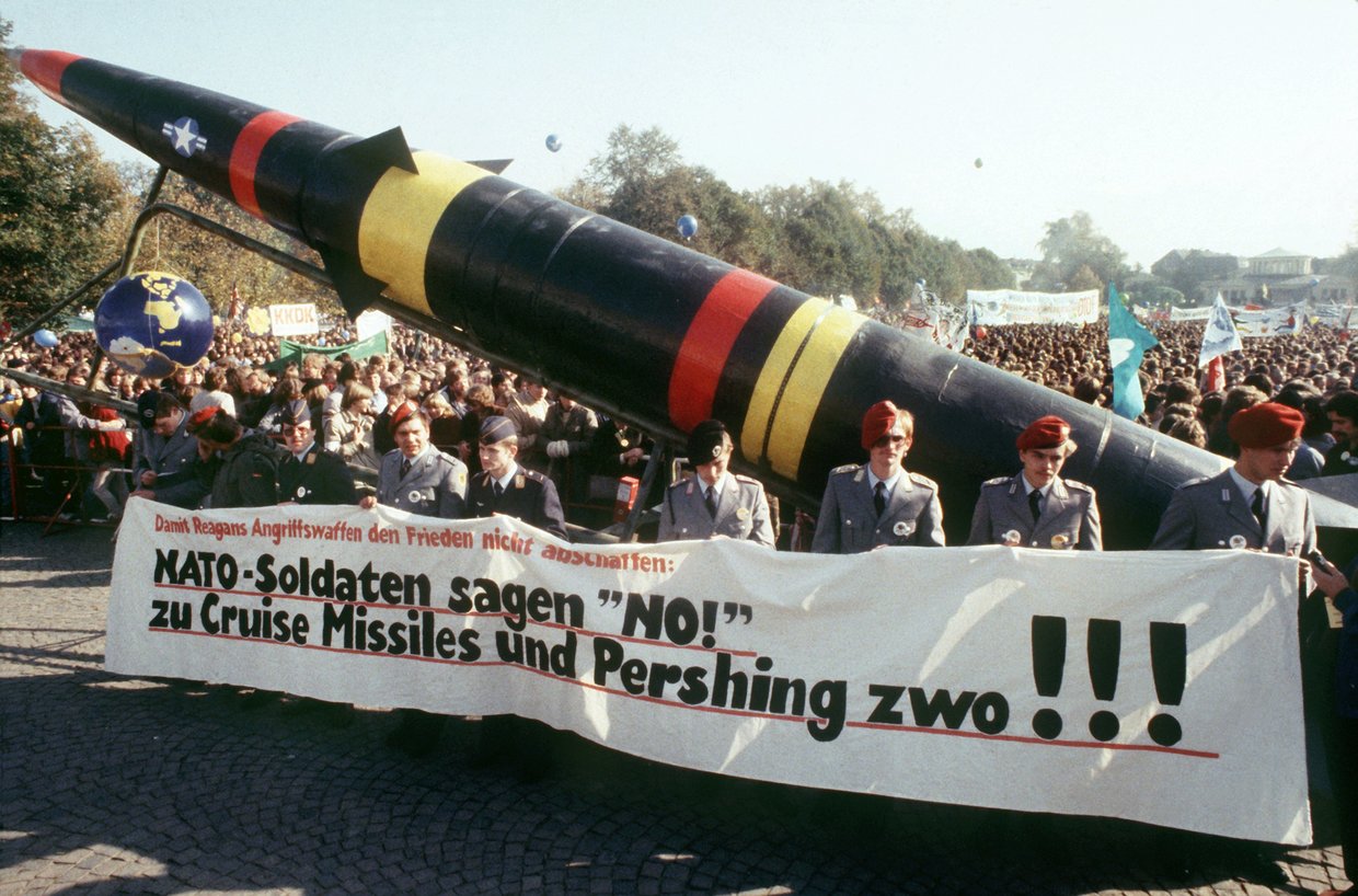 German soldiers protest against the deployment of US Pershing II ballistic missiles in Bonn, West Germany, October 22, 1983