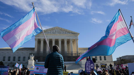 Pro-trans activists protest outside the US Supreme Court in Washington DC, January 13, 2026
