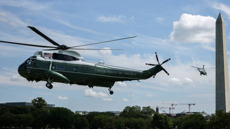 Marine One carrying US President Donald Trump departs from the Ellipse near the White House en route to Joint Base Andrews on August 04, 2026 in Washington, DC.