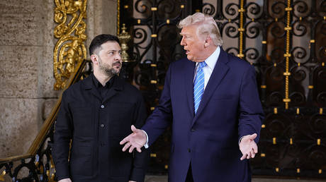 FILE PHOTO: US President Donald Trump and Ukraine’s Vladimir Zelensky at Mar-a-Lago in Palm Beach, Florida, December 28, 2025.