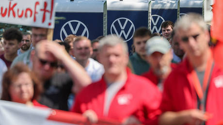 Volkswagen employees join IG Metall protest against planned factory closures and job cuts across Germany’s auto industry, Zwickau, Germany, July 9, 2026.