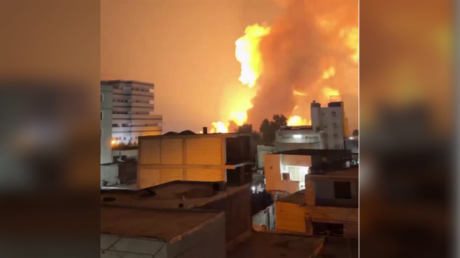 A screenshot from a Press TV report shows a US strike in Bandar Abbas, Iran, July 8, 2026.