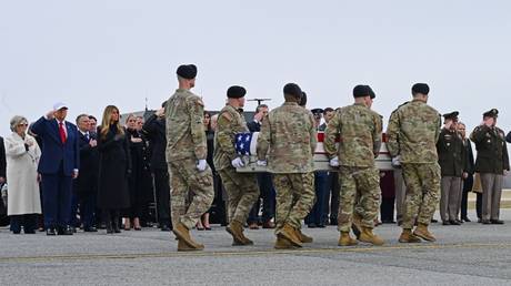 Flag-draped coffins of six US troops killed in Iran's retaliatory strike on Port of Shuaiba, Kuwait, arrive at Dover Air Force Base, Delaware, on March 7, 2026.