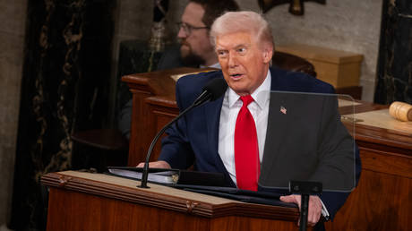 US President Donald Trump addresses a joint session of Congress in Washington, DC., February 24, 2026.