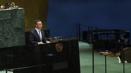 Sun Lei, China's Deputy Permanent Representative to the UN, speaks at a meeting at the UN HQ, New York, US, December 4, 2025.