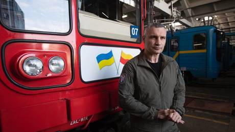 Kiev Mayor Vitaly Klitschko inspects the first batch of donated Polish metro cars, May 2023.