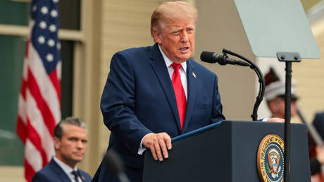 US President Donald Trump speaks during a ceremony commemorating the 25th anniversary of the 9/11 terrorist attacks in Arlington, Virginia.