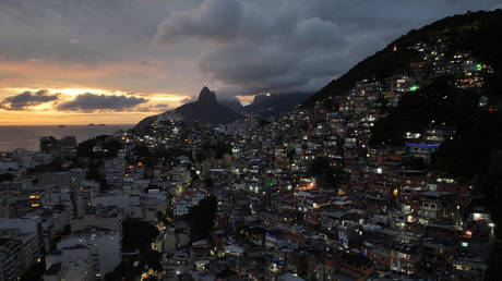Ipanema beach and Cantagalo favela in Rio de Janeiro, Brazil.