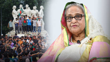 RT composite: The Anti-Discrimination Student Movement is holding a protest to demand the trial of former prime minister Sheikh Hasina, in Dhaka, Bangladesh, on August 12, 2024(L);Sheikh Hasina, Prime Minister of Bangladesh(R).