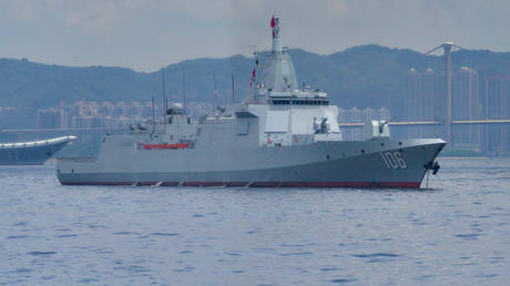 Aircraft carrier Shandong and Yan'an missile destroyer sail into Hong Kong Special Administrative Region waters on July 3, 2025 in Hong Kong, China.
