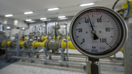 A pressure gauge is seen at a pumping station of the 'Augusta' gas pipeline in Kotz, Germany, March 12, 2026