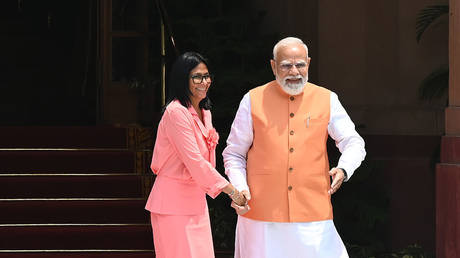 Indian Prime Minister Narendra Modi and Venezuelan Acting President Delcy Rodríguez  at the Hyderabad House in New Delhi. (FILE PHOTO)