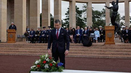 US War Secretary Pete Hegseth attending a ceremony commemorating 82 years since the D-Day landings in Normandy, France, on June 6, 2026.