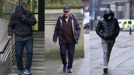 Three alleged members of the Rochdale grooming gang pictured outside Minshull Street Crown Court in Manchester, England, January 14, 2025