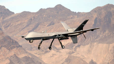 An MQ-9 Reaper dreone flies by during a training mission at Creech Air Force Base, Nevada, November 17, 2015