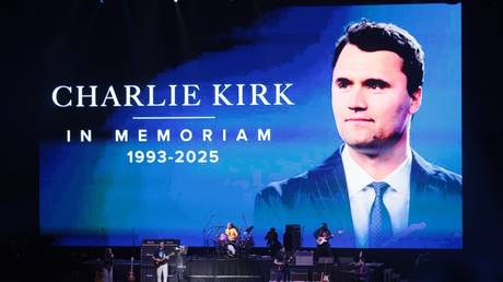 An image of Charlie Kirk displayed during an event in Buenos Aires, Argentina, on October 6, 2025.