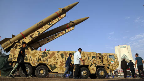 Iranian ballistic missiles alongside on display at Azadi Square in Tehran, Iran on July 24, 2026.