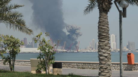 Smoke rises after an Iranian attack on the main HQ of the US Navy’s 5th fleet, Manama, Bahrain, February 28, 2026.