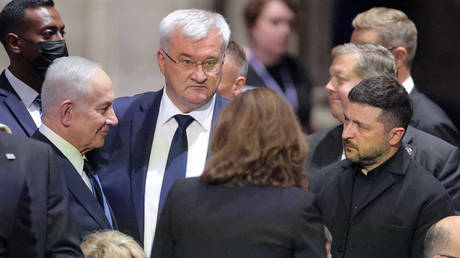 Benjamin Netanyahu, Andrey Sibiga, and Vladimir Zelensky speak at a funeral service for Lindsey Graham in Washington DC, July 28, 2026