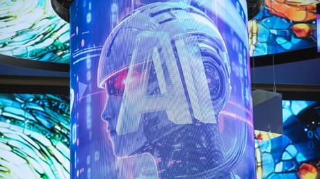 FILE PHOTO: An AI sign being displayed during a tech exhibition.