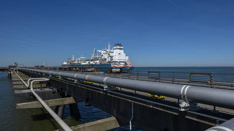 A gas pipeline at the LNG terminal in Wilhelmshaven, Germany, on April 30, 2026.