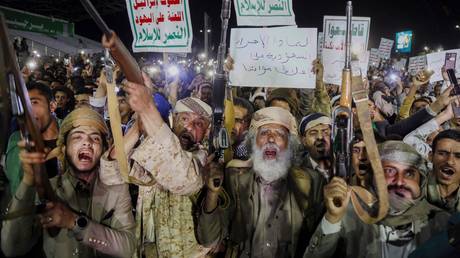 Houthi supporters rally in the streets of Sanaa, Yemen on July 20, 2026
