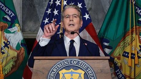 Scott Bessent speaks at a press conference in Washington DC, August 24, 2026