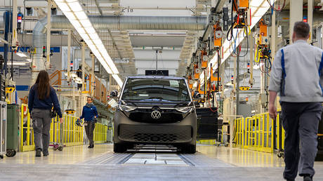 A new VW ID. Buzz electric van prepares to pass final inspection at the Volkswagen commercial vehicles van and bus factory in Hanover, Germany, March 4, 2026