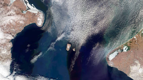 FILE PHOTO: Aerial view of the Bering Strait connecting Alaska, US, and Chukotka, Russia.