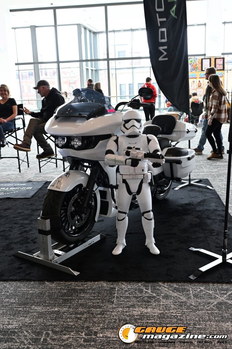 Stormtrooper with a custom Harley bagger at Cavalcade of Customs 2026 in Cincinnati