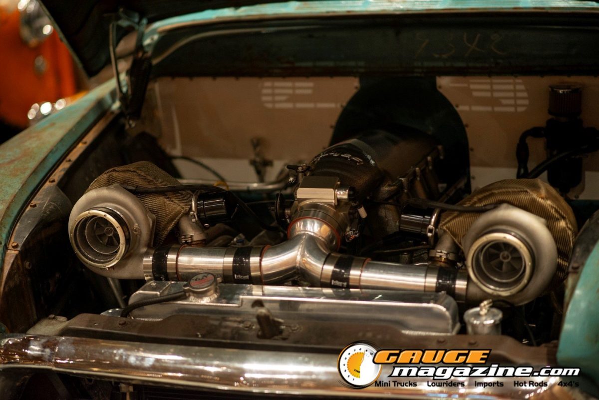 Twin-turbo engine bay detail at Cavalcade of Customs 2026 in Cincinnati