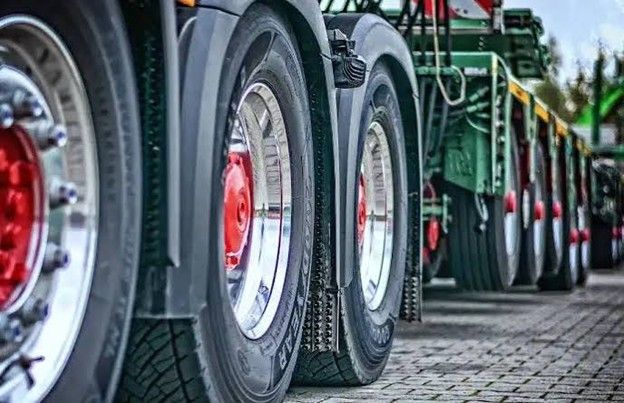 Close-up of tires on a parked tractor-trailer
