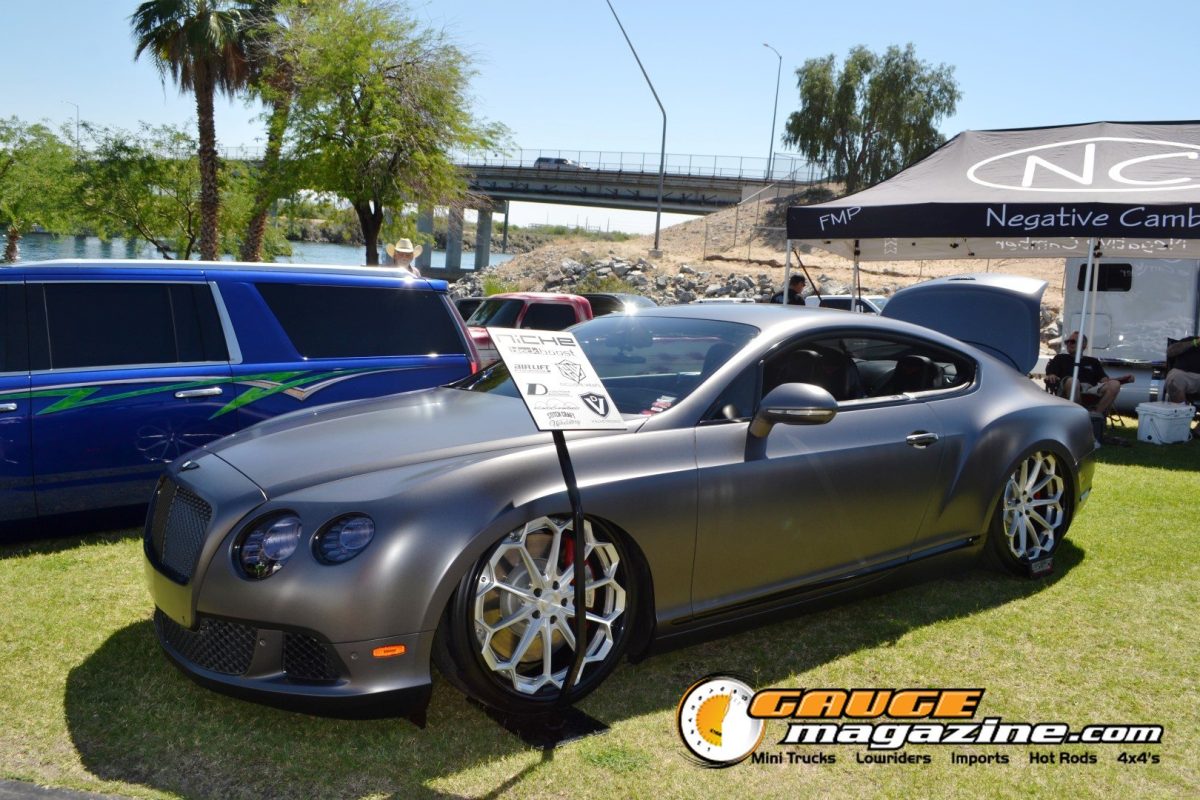 Lowered gray Bentley Continental GT at Forbidden Fantasy Show n Shine 2026 in Laughlin Nevada