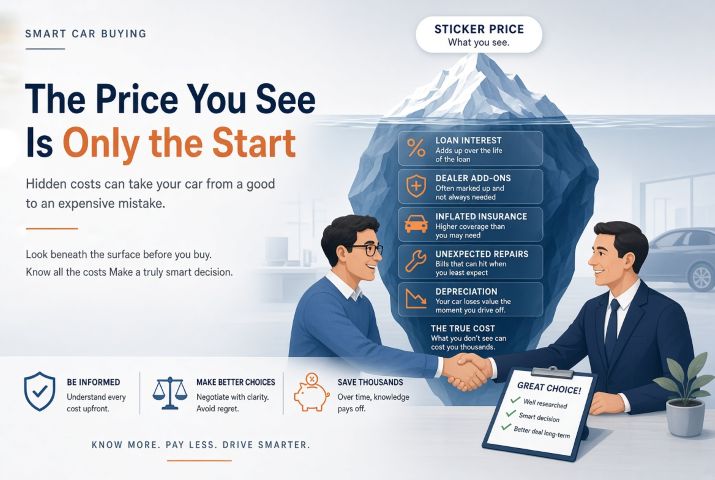 The True Cost of Buying and Owning a Car Car buying infographic showing loan interest, dealer add-ons, insurance, repairs and depreciation