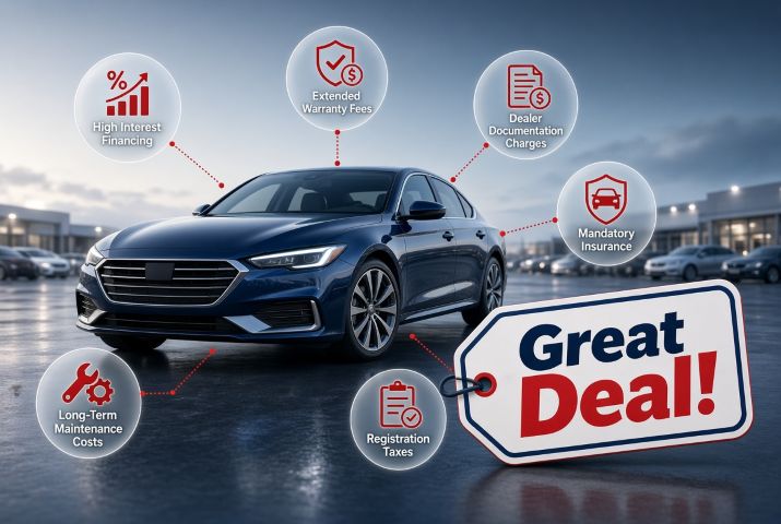 Hidden Costs That Can Make a Good Car Deal More Expensive Blue sedan at a dealership illustrating hidden costs of buying a car