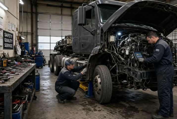 Digital alignment equipment measuring a heavy-duty truck