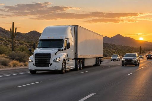 A white semi truck and passenger cars sharing an Arizona desert highway at sunset, with saguaro cacti beside the road
