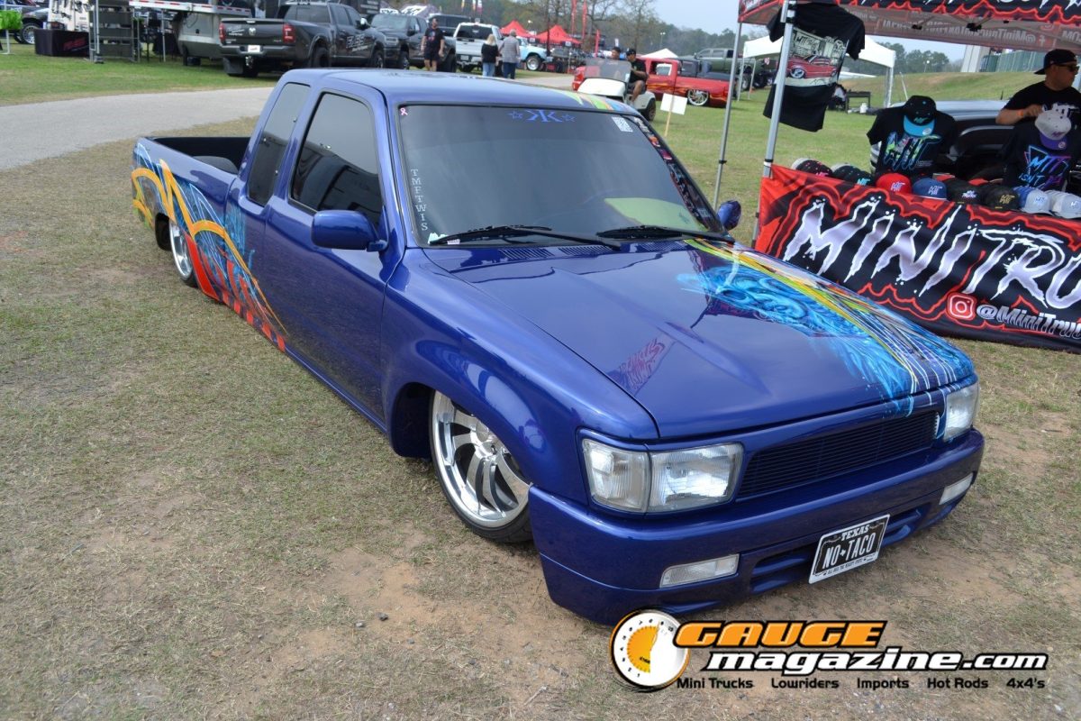 Blue flame-painted custom mini-truck at Lone Star Throwdown 2026 in Conroe, Texas