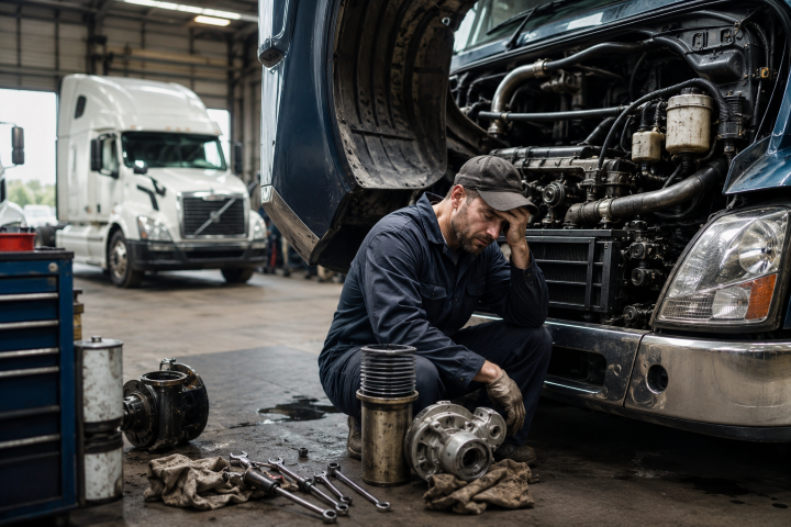 Mechanic performing heavy-duty truck maintenance in a repair shop