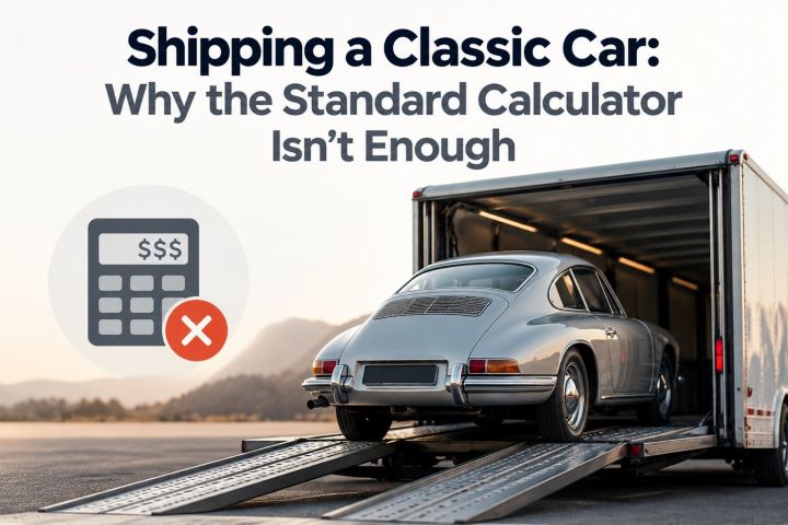 Silver classic coupe loading into an enclosed trailer beside a shipping calculator graphic