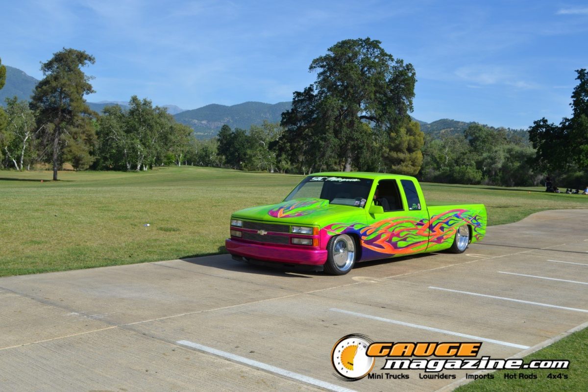 Green and pink custom mini-truck driving at Danger Zone Truck and Car Show 2026