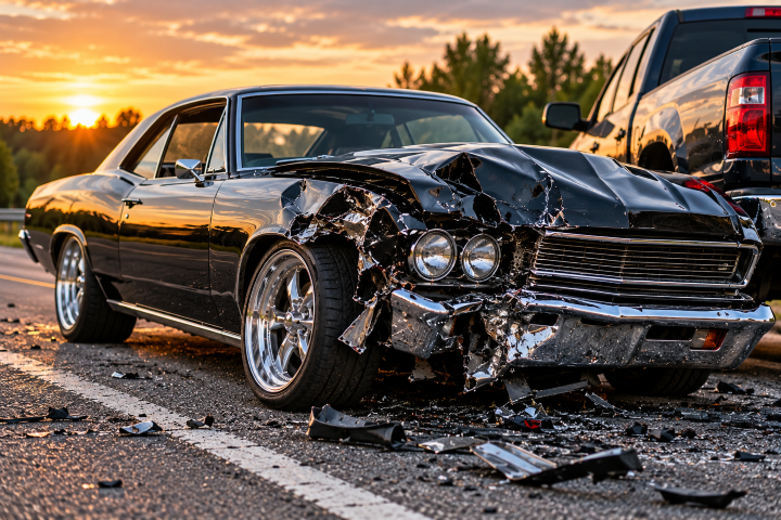 Damaged custom car following a road crash
