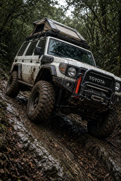 Modified Toyota Land Cruiser 70 Series driving on a muddy off-road trail