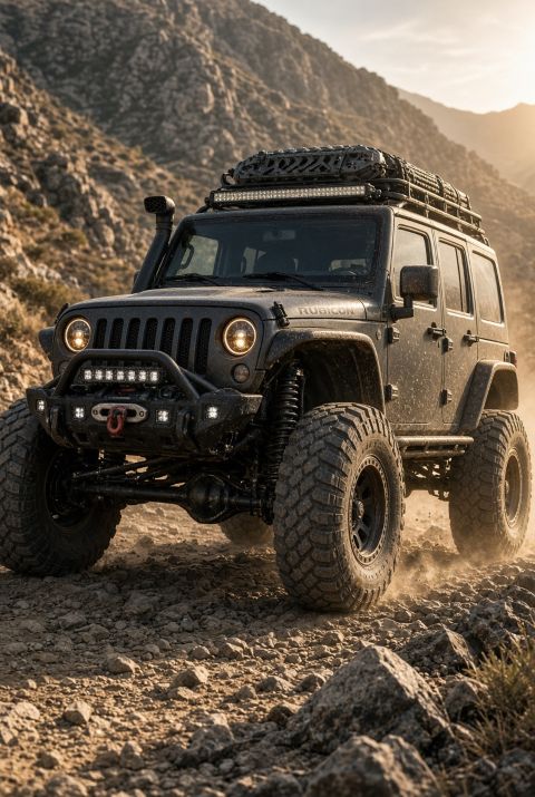 Modified Jeep Wrangler Rubicon with off-road suspension, wheels, tires and front bumper