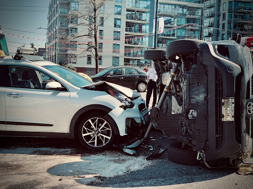 Multiple damaged vehicles at the scene of a multi-vehicle accident